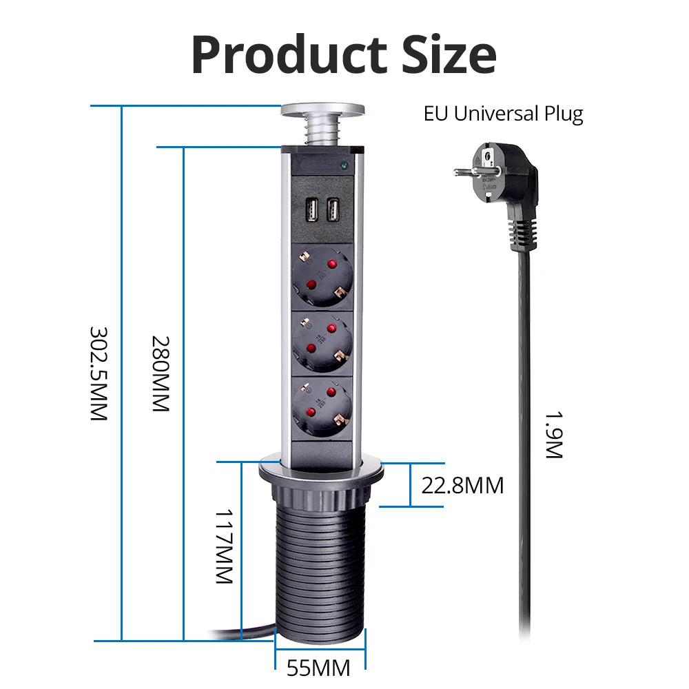 Priză Retractabilă Wallpad - 3 Prize, 2 Porturi USB 2.4A, Extensie 2M