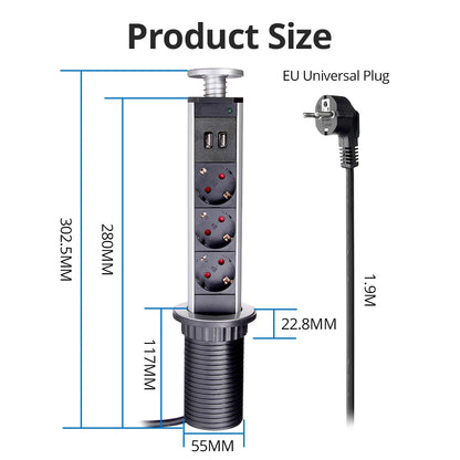 Priză Retractabilă Wallpad - 3 Prize, 2 Porturi USB 2.4A, Extensie 2M